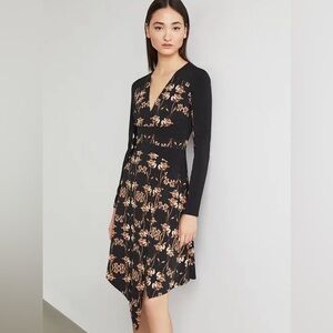 BCBGMAXAZRIA Dress Women's Iris Print Asymmetric Jersey Stretch Black